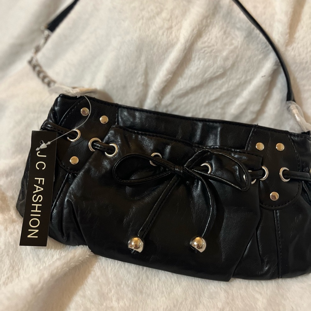 Black Faux Leather Shoulder Bag with Grommet Details